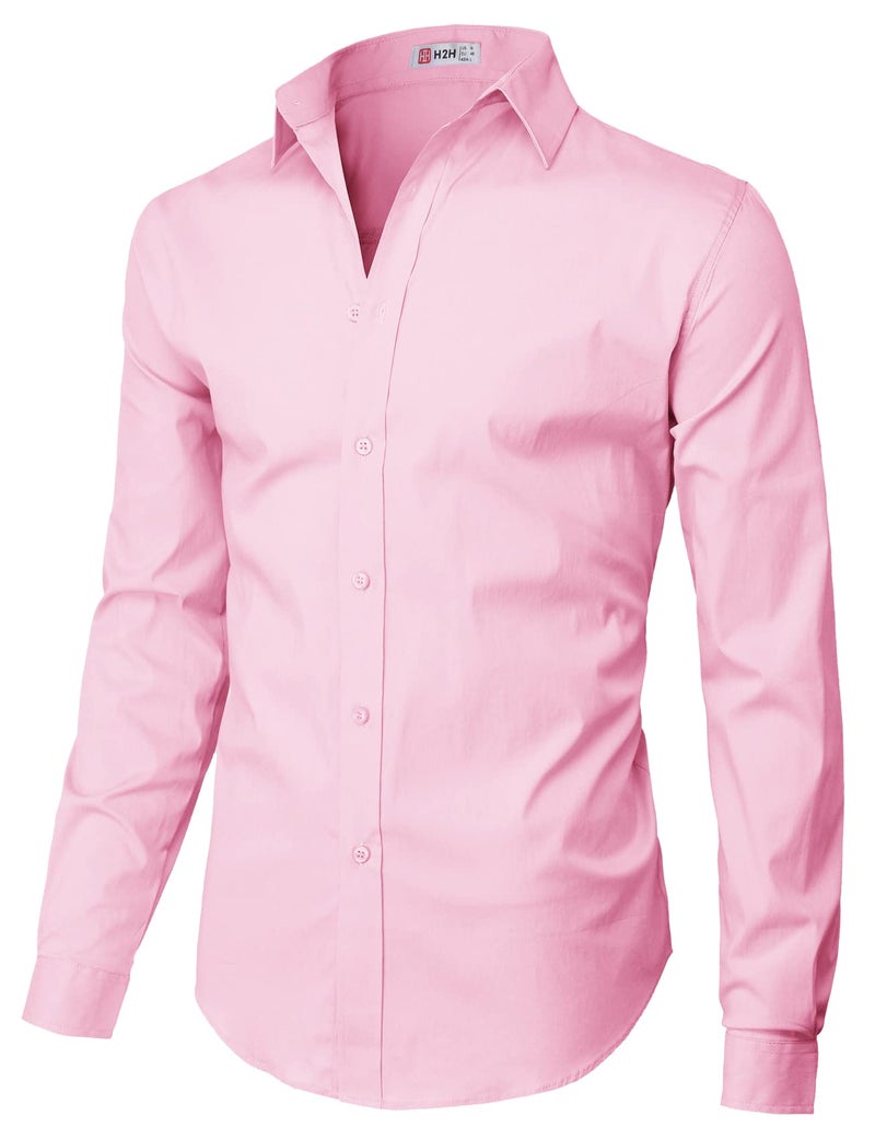H2H Mens Casual Slim Fit Button Down Spandex Premium Long Sleeve Shirts Pink US L/Asia XL (CMTSTL0134) - Image 2